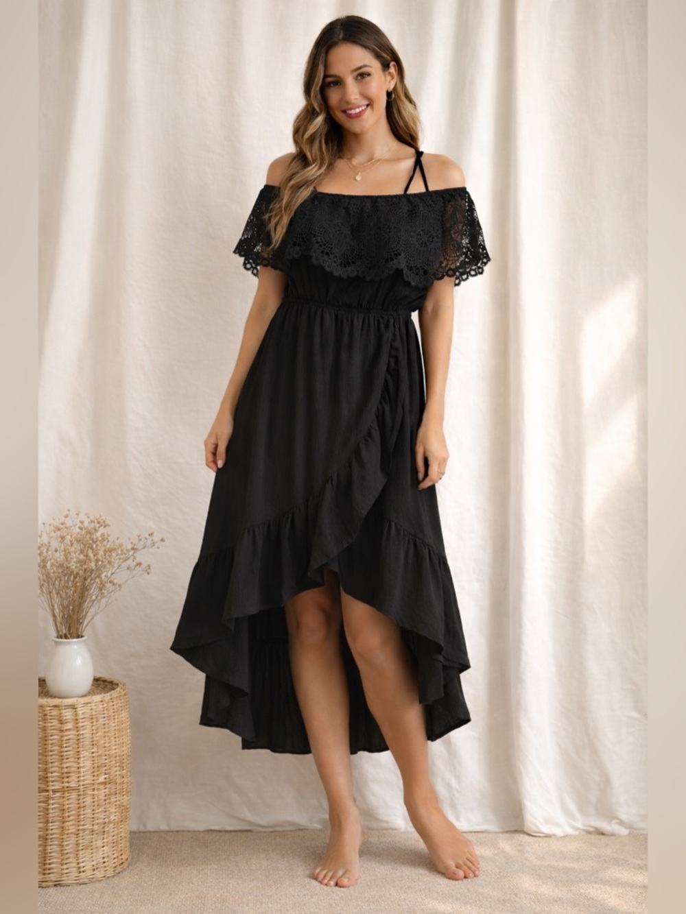 Off-Shoulder Black High-Low Ruffle Dress with Lace Overlay